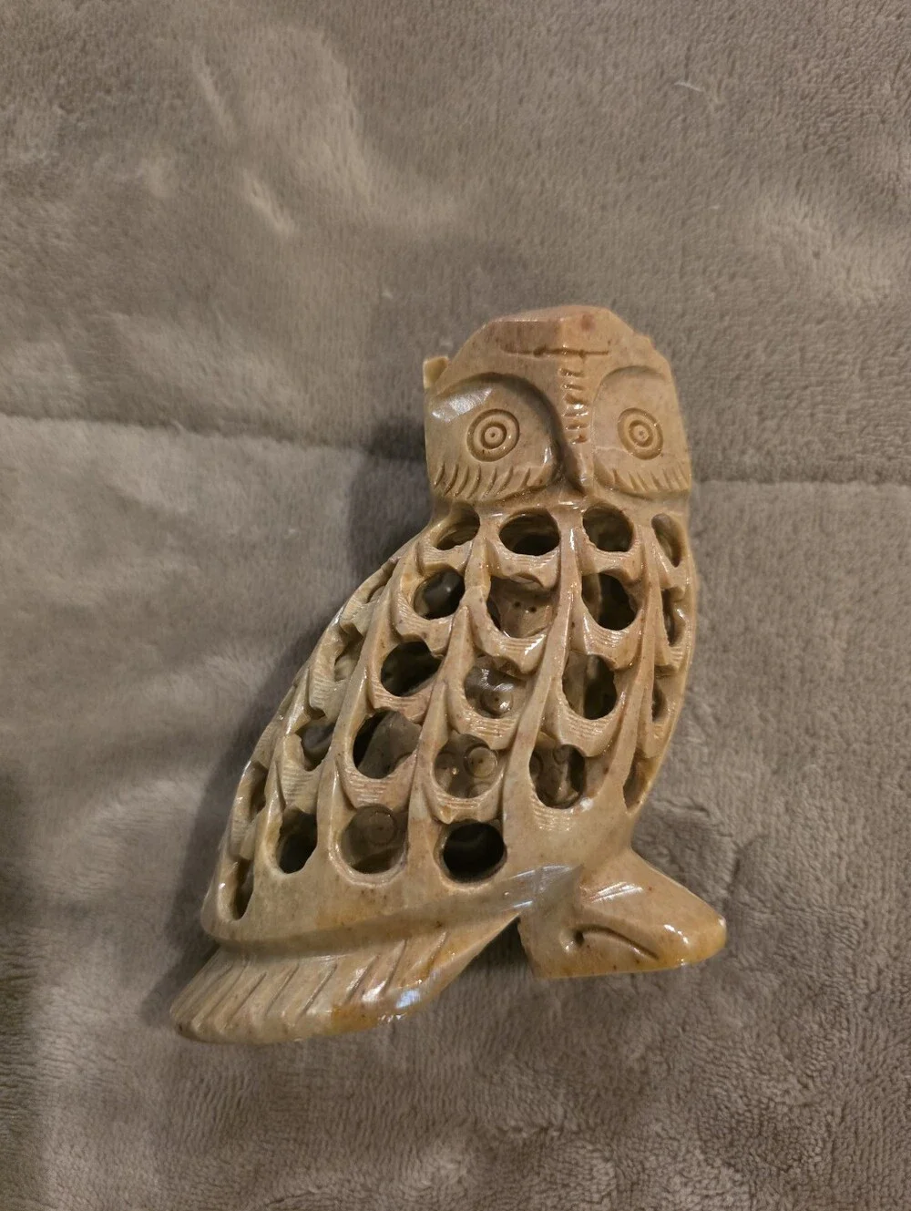 Hand Carved Owl Figurine - Honey Brown Stone